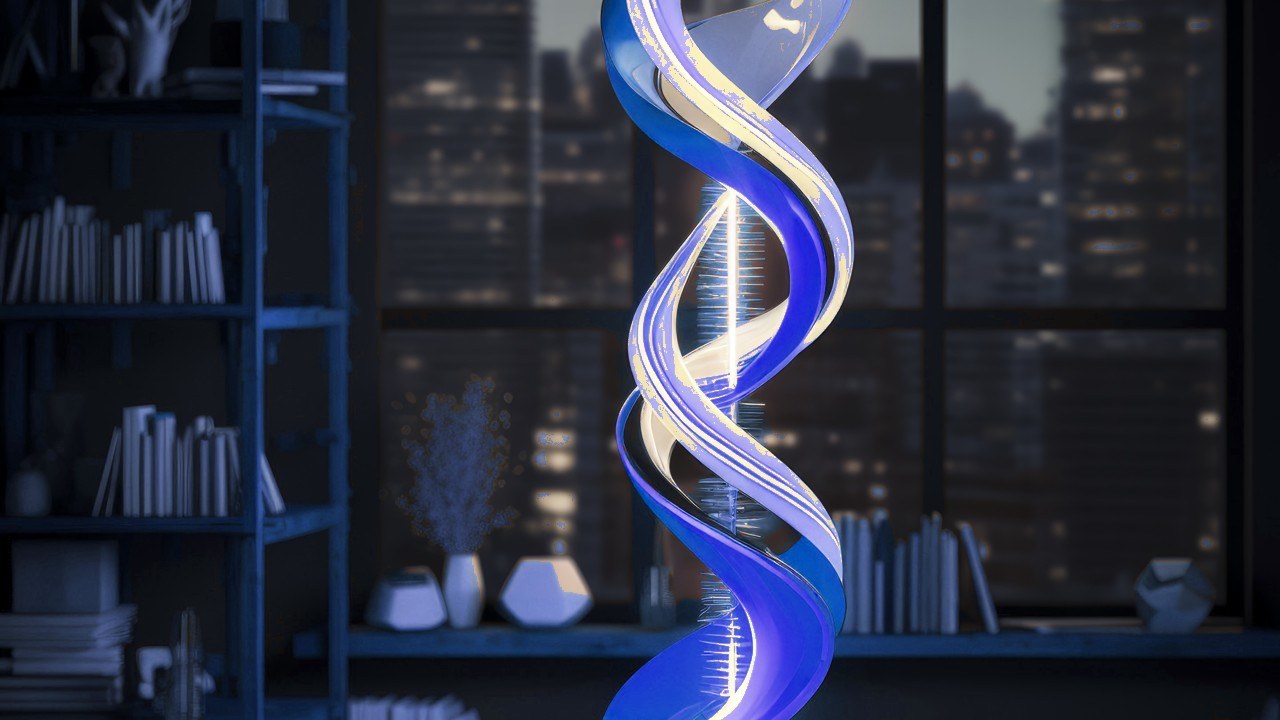 Illuminated double helix sculpture in a night library